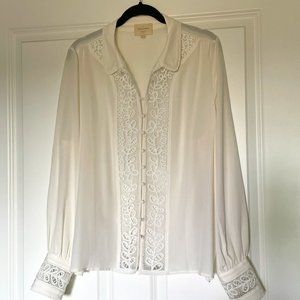 Sezane white silk button down lace front - sz L / 10 US / 42 FR